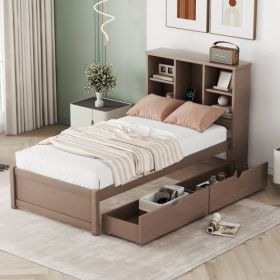 Modern Twin Size Bed Frame With Built-in USB Port On Bookcase Headboard And 2 Drawers For Walnut Color