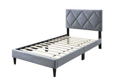 Full Size Bed w Adjustable Headboard 1pc Bedframe, Grey Velvet Upholstered Youth Bedroom Furniture