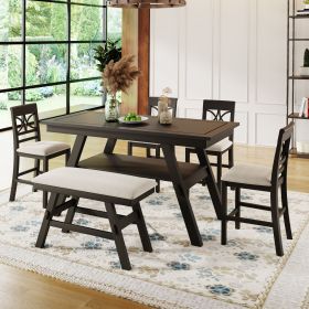 6-Piece Wood Counter Height Dining Table Set with Storage Shelf;  Kitchen Table Set with Bench and 4 Chairs; Rustic Style