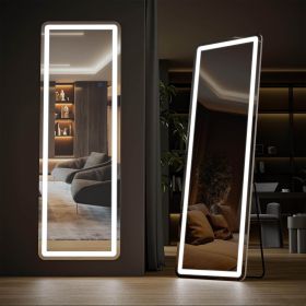 3 Color Lighting Mirror with LED Lights, 64"x21" Lighted Floor Standing Mirror with Stand