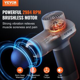 VEVOR Massage Gun Deep Tissue, Percussion Muscle Massager for Athletes - with 5 Speed Levels & 6 Massage Heads, 7.4V 2500mAh Batteries