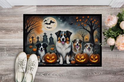 Australian Shepherd Spooky Halloween Doormat Front Door Mat Indoor Outdoor Rugs for Entryway, Non Slip Washable Low Pile, 24H X 36W