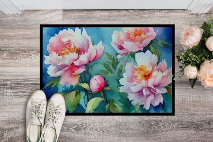 Peonies in Watercolor Doormat Front Door Mat Indoor Outdoor Rugs for Entryway, Non Slip Washable Low Pile, 24H X 36W