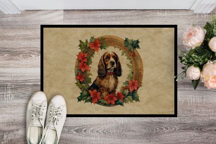 English Cocker Spaniel Christmas Flowers Doormat Front Door Mat Indoor Outdoor Rugs for Entryway, Non Slip Washable Low Pile, 24H X 36W