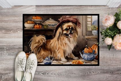 Tibetan Spaniel Fall Kitchen Pumpkins Doormat Front Door Mat Indoor Outdoor Rugs for Entryway, Non Slip Washable Low Pile, 24H X 36W