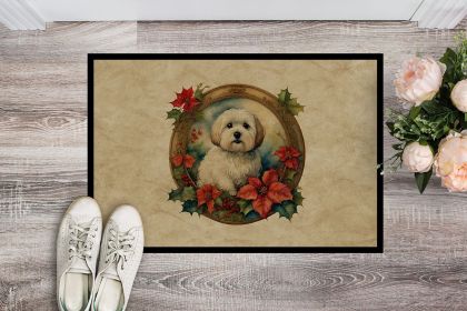 Coton De Tulear Christmas Flowers Doormat Front Door Mat Indoor Outdoor Rugs for Entryway, Non Slip Washable Low Pile, 24H X 36W