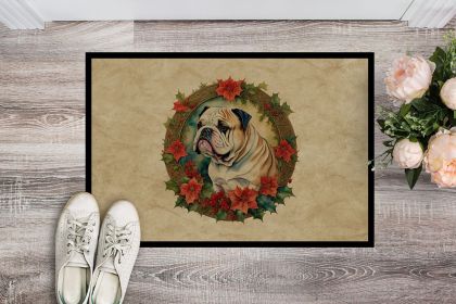 English Bulldog Christmas Flowers Doormat Front Door Mat Indoor Outdoor Rugs for Entryway, Non Slip Washable Low Pile, 24H X 36W