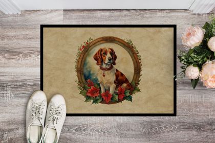 Brittany Spaniel Christmas Flowers Doormat Front Door Mat Indoor Outdoor Rugs for Entryway, Non Slip Washable Low Pile, 24H X 36W