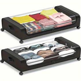 Two multifunctional under bed storage compartments with wheels and transparent covers, suitable for bedrooms, kitchens, and bathrooms