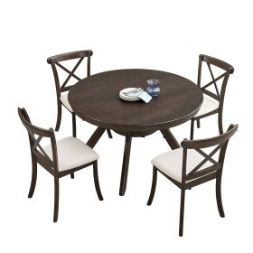 Wooden Dining Table Set, Mid Century Modern Round Rubber Wood Kitchen Table and Cross Back Upholstered Dining Chairs for Dining Room, Kitchen