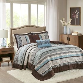 5 Piece Reversible Jacquard Bedspread Set Blue King