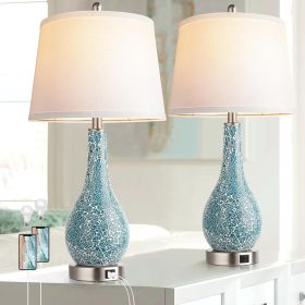 Blue Table Lamps for Bedroom Set of 2, Modern Bedside Lamp with USB A+C Ports