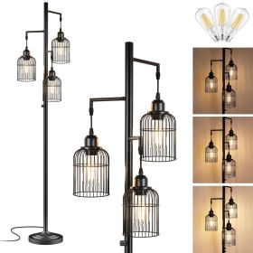 Industrial Floor Lamp for Living Room,LED Farmhouse Standing Lamp with 3 Birdcage Hanging Shade