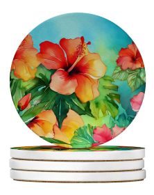 Hawaii Hawaiian Hibiscus in Watercolor Large Sandstone Coasters Pack of 4 Absorbent Round Coasters Decor Gifts for Men or Women, 4 in, Multicolor