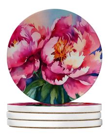 Peonies in Watercolor Large Sandstone Coasters Pack of 4 Absorbent Round Coasters Decor Gifts for Men or Women, 4 in, Multicolor