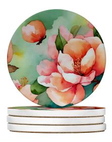 Delaware Peach Blossom in Watercolor Large Sandstone Coasters Pack of 4 Absorbent Round Coasters Decor Gifts for Men or Women, 4 in, Multicolor