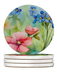 Alaska Forget-me-nots in Watercolor Large Sandstone Coasters Pack of 4 Absorbent Round Coasters Decor Gifts for Men or Women, 4 in, Multicolor