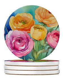 Ranunculus in Watercolor Large Sandstone Coasters Pack of 4 Absorbent Round Coasters Decor Gifts for Men or Women, 4 in, Multicolor