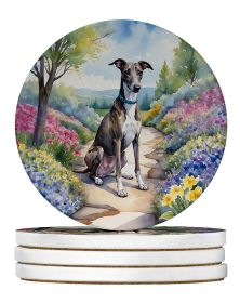 Greyhound Spring Path Large Sandstone Coasters Pack of 4 Absorbent Round Coasters Decor Gifts for Men or Women, 4 in, Multicolor