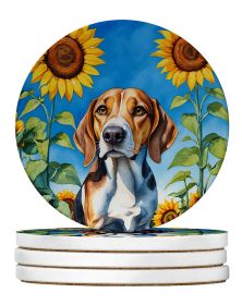 American Foxhound in Sunflowers Large Sandstone Coasters Pack of 4 Absorbent Round Coasters Decor Gifts for Men or Women, 4 in, Multicolor