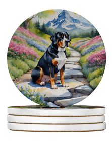 Greater Swiss Mountain Dog Spring Path Large Sandstone Coasters Pack of 4 Absorbent Round Coasters Decor Gifts for Men or Women, 4 in, Multicolor