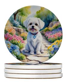 Maltese Spring Path Large Sandstone Coasters Pack of 4 Absorbent Round Coasters Decor Gifts for Men or Women, 4 in, Multicolor