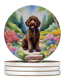 Labradoodle Spring Path Large Sandstone Coasters Pack of 4 Absorbent Round Coasters Decor Gifts for Men or Women, 4 in, Multicolor