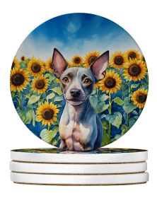 American Hairless Terrier in Sunflowers Large Sandstone Coasters Pack of 4 Absorbent Round Coasters Decor Gifts for Men or Women, 4 in, Multicolor