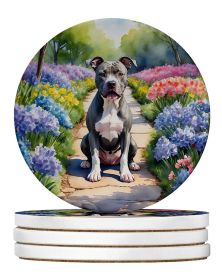 Pit Bull Terrier Spring Path Large Sandstone Coasters Pack of 4 Absorbent Round Coasters Decor Gifts for Men or Women, 4 in, Multicolor