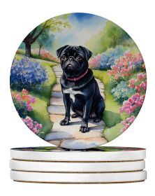 Black Pug Spring Path Large Sandstone Coasters Pack of 4 Absorbent Round Coasters Decor Gifts for Men or Women, 4 in, Multicolor