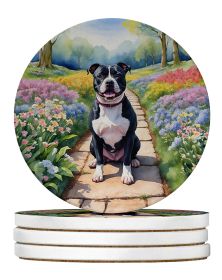 Staffordshire Bull Terrier Spring Path Large Sandstone Coasters Pack of 4 Absorbent Round Coasters Decor Gifts for Men or Women, 4 in, Multicolor