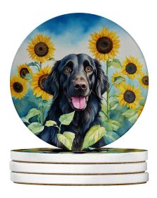 Flat-Coated Retriever in Sunflowers Large Sandstone Coasters Pack of 4 Absorbent Round Coasters Decor Gifts for Men or Women, 4 in, Multicolor