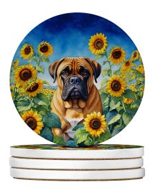 Bullmastiff in Sunflowers Large Sandstone Coasters Pack of 4 Absorbent Round Coasters Decor Gifts for Men or Women, 4 in, Multicolor