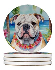 English Bulldog Luau Large Sandstone Coasters Pack of 4 Absorbent Round Coasters Decor Gifts for Men or Women, 4 in, Multicolor