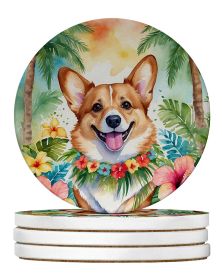 Corgi Luau Large Sandstone Coasters Pack of 4 Absorbent Round Coasters Decor Gifts for Men or Women, 4 in, Multicolor