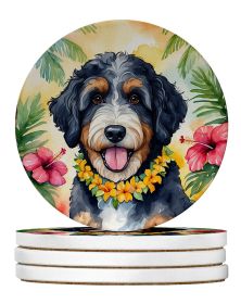 Bernedoodle Luau Large Sandstone Coasters Pack of 4 Absorbent Round Coasters Decor Gifts for Men or Women, 4 in, Multicolor