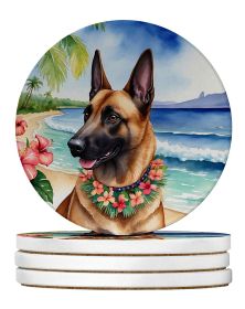 Belgian Malinois Luau Large Sandstone Coasters Pack of 4 Absorbent Round Coasters Decor Gifts for Men or Women, 4 in, Multicolor