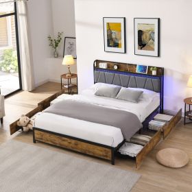 Full Size Bed Frame, Storage Headboard with Charging Station and 4 Storage Drawers,LED Lights , Brown and Gray