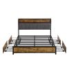 Queen Size Bed Frame, Storage Headboard with Charging Station and 4 Storage Drawers,LED Lights , Brown and Gray