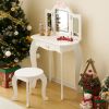 Kids Vanity Table and Chair Set, 2-in-1 Girls Vanity with Tri-Folding Mirror & 3-Color LED Lights, 1 Drawer