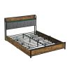 Queen Size Bed Frame, Storage Headboard with Charging Station and 4 Storage Drawers,LED Lights , Brown and Gray