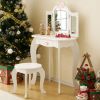 Kids Vanity Table and Chair Set, 2-in-1 Girls Vanity with Tri-Folding Mirror & 3-Color LED Lights, 1 Drawer