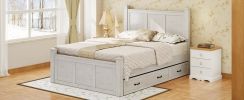 Farmhouse Style Wood Panel Bed Frame Four Square Poster Bed with Three Storage Drawers,Queen, Ancient White