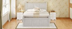 Farmhouse Style Wood Panel Bed Frame Four Square Poster Bed with Three Storage Drawers,Queen, Ancient White