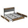 Queen Size Bed Frame, Storage Headboard with Charging Station and 4 Storage Drawers,LED Lights , Brown and Gray