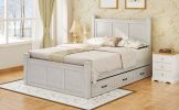 Farmhouse Style Wood Panel Bed Frame Four Square Poster Bed with Three Storage Drawers,Queen, Ancient White