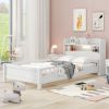 Wood Twin Size Platform Bed with Built-in LED Light, Storage Headboard and Guardrail, White