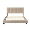 1pc Queen Platform Bed Light Brown Velvet Upholstered Adjustable Height Headboard Button Tufted Solid Wood Bedroom Furniture