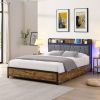 Queen Size Bed Frame, Storage Headboard with Charging Station and 4 Storage Drawers,LED Lights , Brown and Gray