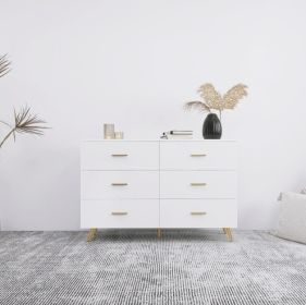 High Glossy Surface 6 Drawers Chest Of Drawer With Golden Handle And Golden Steel Legs White Color Vanity (Color: White)